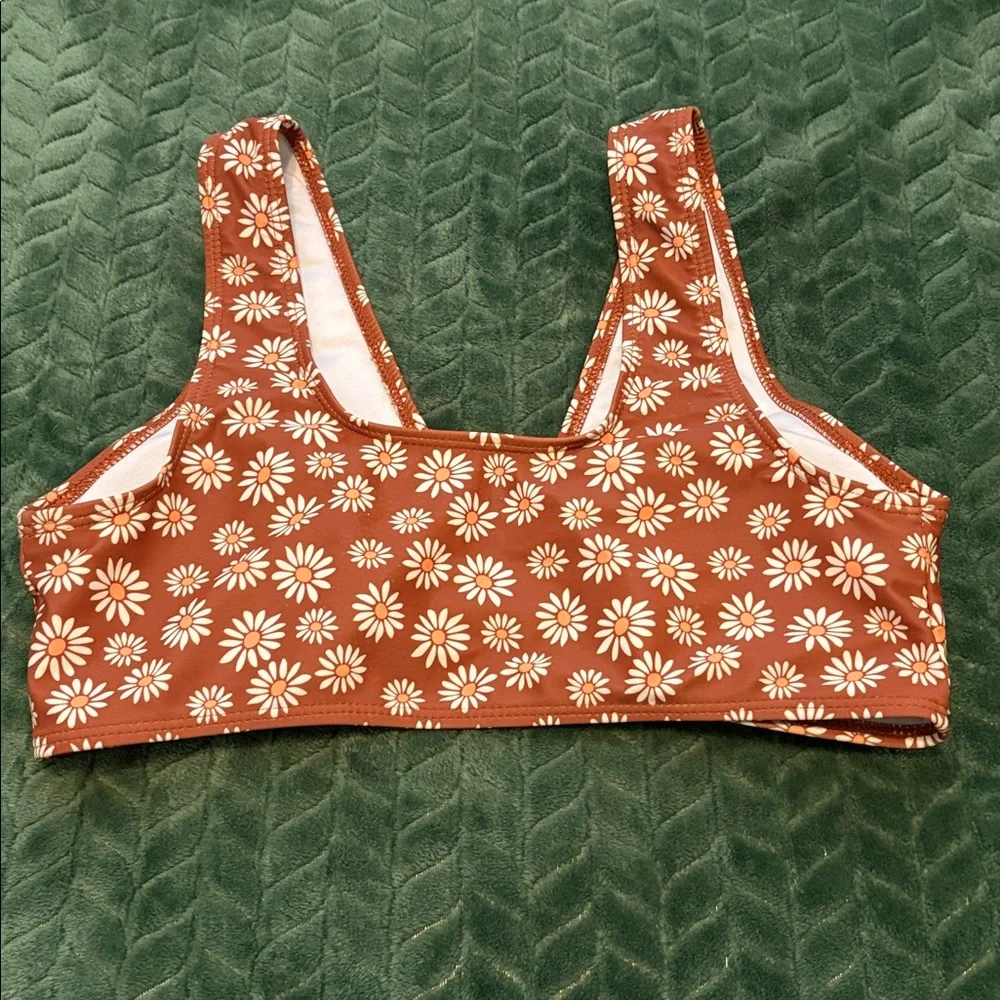 Pink Lily Bikini Top Daisy Print Pull On Style Brown White Yellow M